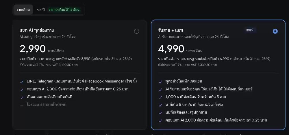 หน้าเลือกแพ็กเกจ: แชท AI ทุกช่องทาง 2,990 บาท และรับสาย + แชท 4,990 บาทต่อเดือน